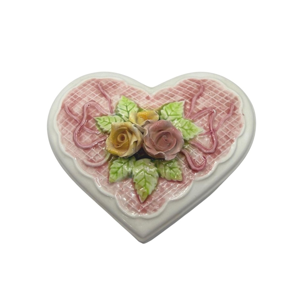 Vintage Seymourn Mann Victorian Lace Heart Trinket Box Hand‎ Painted Roses Japan